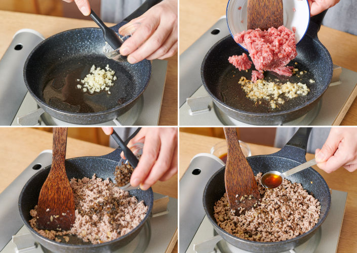 ひき肉を入れたらあまり触らず火が通ってからほぐすのが◎