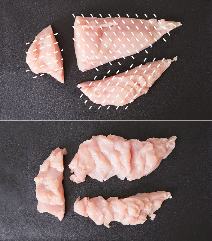 チキン南蛮の鶏肉を切る